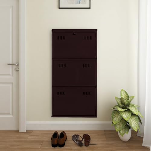 Image of Metal Shoe Rack Wall Mounted for Home with Central Locking | 3 Door 20 inch Wall Mounted Metal 6 Pair Shoe Rack Cabinet | Pre-Assembled Rack Shelves | 3 Year Warranty (Brown)