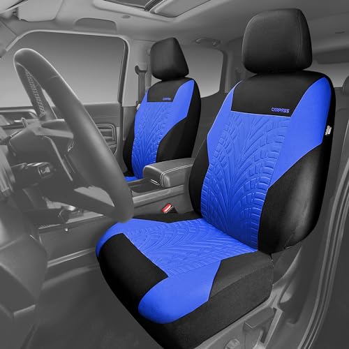Image of CAR PASS Car Seat Covers Two Front Only for Car, 3D Tyre Print Automotive Interior Covers, Airbag Compatible, Quick Setup Universal Fit Seat Covers for Car, Truck, SUV(Black and Blue)