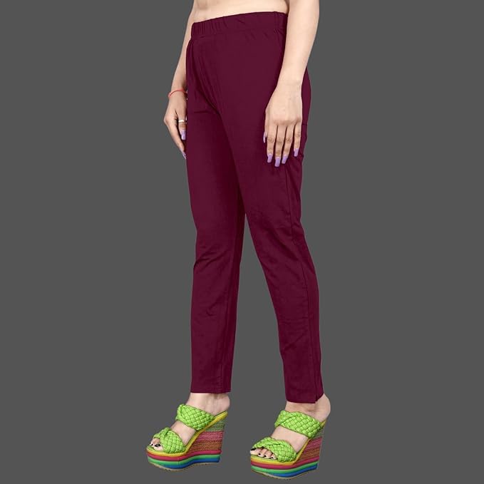 Image of Women's Solid Cotton Lycra Pants-High Waist Slim Fit Stretchable Leggings - Comfortable Long Trousers for Casual, Office & Everyday Wear