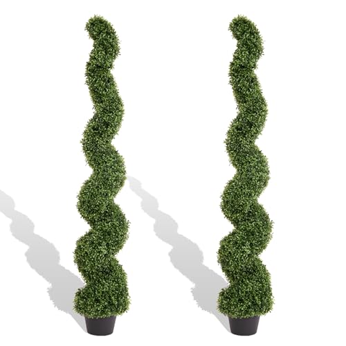 THE BLOOM TIMES 5ft Spiral Topiary Trees Artificial Outdoor Set of 2, Faux Boxwood Plants Outside - All-Year Green Fake Twisted Tree for Garden Front Porch Planter Decor 5 Foot