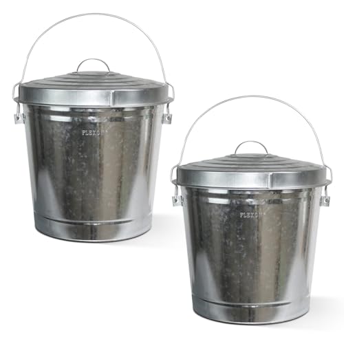 Image of Plexon 10 Gallon Metal Trash Can with Locking Lid Galvanized Bucket with Lid for Poultry Feed Bird Seed Storage Ash Outdoor Garbage Trash Bin, 2 Pack