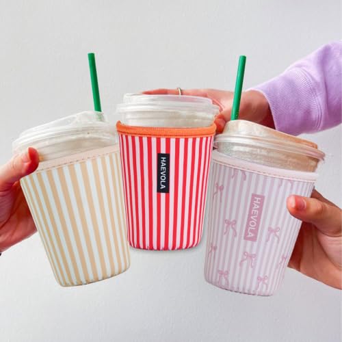 Image of Reusable 3-Pack Iced Coffee Cup Sleeve, Insulated Neoprene, Beverage Holder for Iced Coffee, Durable Drink Sleeve for Cold Beverages (Sunny Stripes)