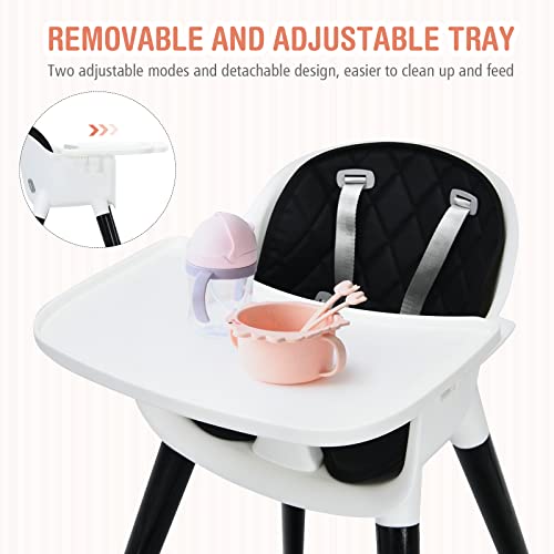 Image of INFANS Baby High Chair, 3 in 1 Convertible Wooden Highchair for Babies & Toddlers, Modern Infant Feeding Chair with 5-Point Safety Harness, Footrest, Adjustable Legs, Removable Tray PU Cushion
