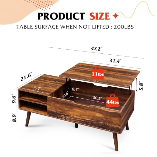 Image of WLIVE Lift Top Coffee Table with Hidden Storage, Adjustable Shelf, Brown | Mid Century Modern Wooden Coffee Table, for Dining /Living Rooms /Offices; 47.2 inchW x 21.7 inchD x 18.5 inchH