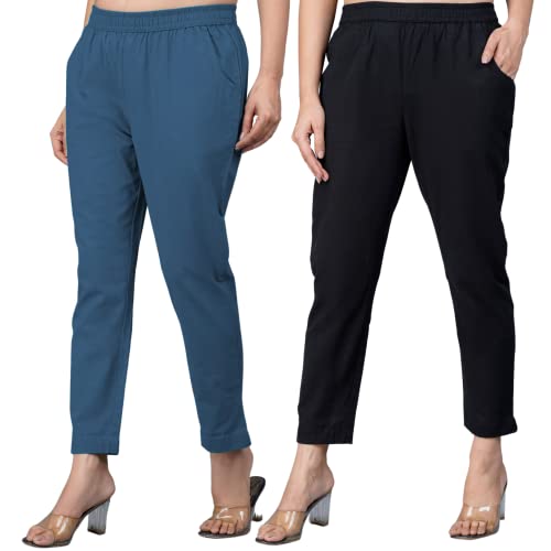 Image of Regular Fit Fully Elastic Waist Ankle Length Premium Cotton Casual Trouser Pant (Combo Pack of 2)