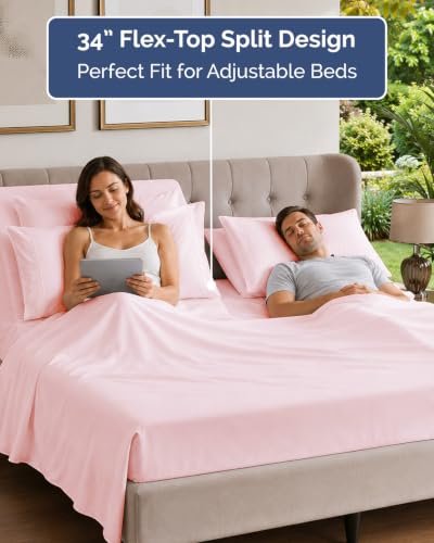 Image of Flex Top Split Head King 6 Piece Sheet Set - Soft & Cooling - Lavender | Ultra Soft Hotel Luxury Bedding Set w / 8-16 Inch Deep Pockets, 1 Flat & 1 Split-Head Fitted Sheet & 4 Pillowcases, Fade Free