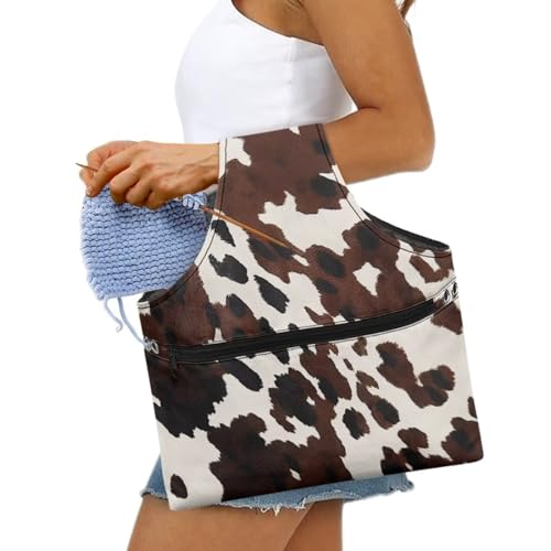 Image of KUIFORTI Cow Print Yarn Bag Kniting Wrist Bag Large Yarn Bags for Crocheting on The Go, Crochet Accessories Knitting Needles Holder Bag