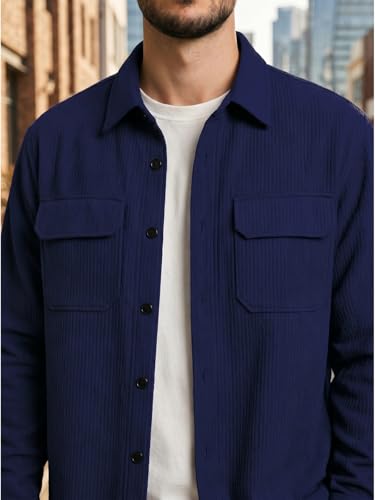Image of DEELMO Men's Cotton Polyester Corduroy Shirt with Textured Pattern Spread Collar Full Sleeves Dual Pocket Front and Button Down Closure | Textured Shirts for Men | Shirts for Men Stylish