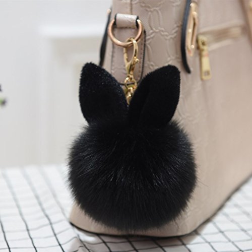Chaveiro fofo com bola de pele de pompom e chaveiro de orelha de coelho para decoração (Preto)