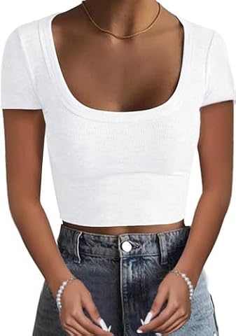 TrendiMax Damska koszulka z krótkim rękawem, prążkowana, Crop Top, basic, slim fit, seksowny top z odkrytym brzuchem, na lato, rozciągliwa, na co dzień, z okrągłym dekoltem, biały, L