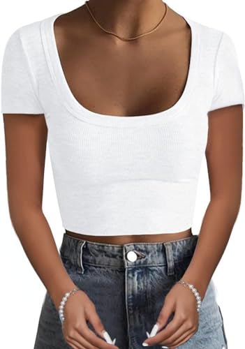 TrendiMax Damska koszulka z krótkim rękawem, prążkowana, Crop Top, basic, slim fit, seksowny top z odkrytym brzuchem, na lato, rozciągliwa, na co dzień, z okrągłym dekoltem, biały, L