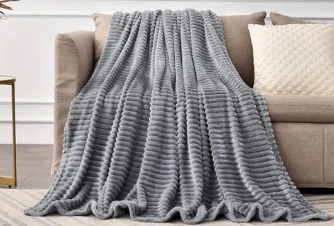 HOMES-LINEN Chunky Ribbed Cord Faux Fur Velvet Touch Thick Sofa Bed Throwover Soft touch Blanket (Silver, 150 x 200CM)