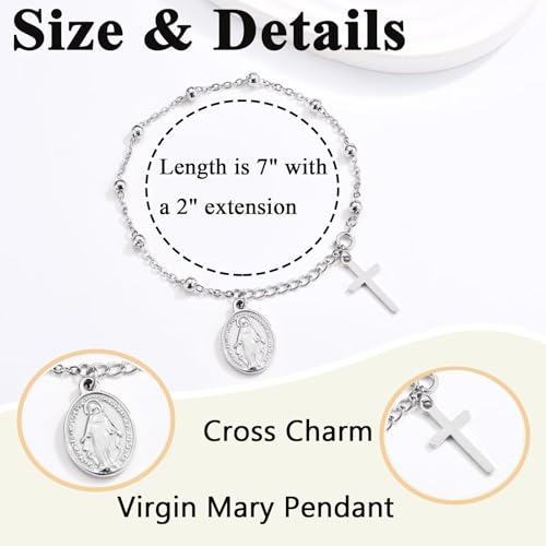 OAVOOK Baptism Gifts for Girl Catholic Virgin Mary Christian Cross Bracelet Teen Girls Baptism Gifts Jewelry Stuffers Steel Style — view 5