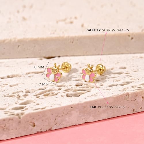 14k Yellow Gold Small Pink & White Enamel Butterfly Earrings for Toddler Girls - Delicate and Unique Tiny Bug Screw Back Girl Earrings4