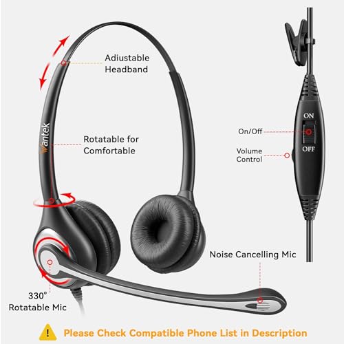 Image of Wantek Phone Headset with Microphone Noise Cancelling,Telephone Headset 2.5mm Jack Compatible with Panasonic AT&T Uniden Cisco Linksys Grandstream Vtech Polycom Cordless Office Phones
