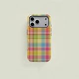 Gozaca Compatible with iPhone 13/14 Phone Case, Colorful Retro Plaid Aesthetic Candy Color Dual Layer Shockproof Protective Cover