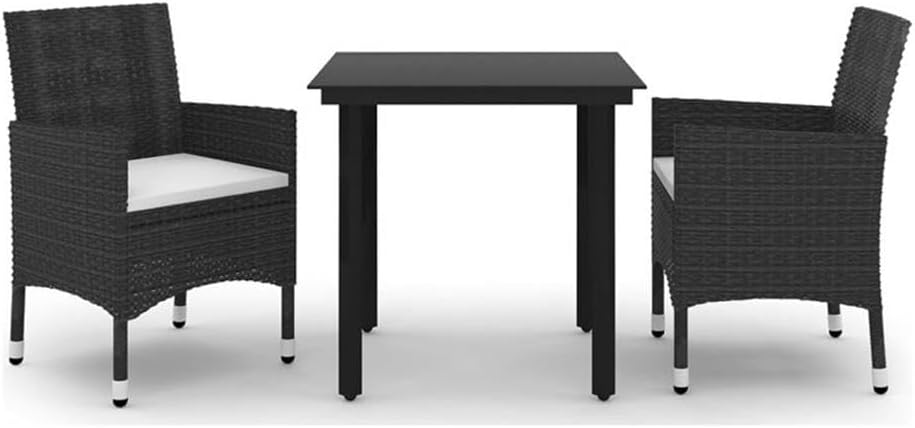 BOWERY HILL 3-Piece Contemporary PE Rattan Garden Dining Set, Weather-Resistant Black Finish with Cushioned Seats, Compact Design for Patio, Balcony, or Outdoor Dining Spaces