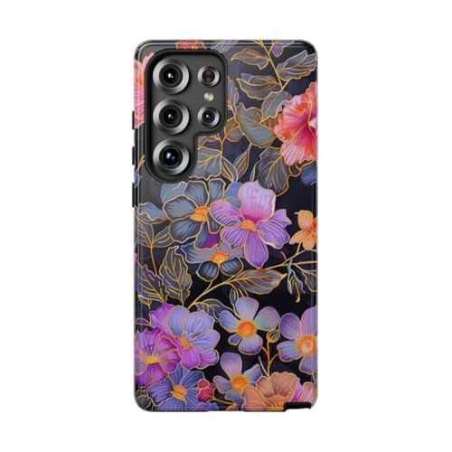 Coque Samsung S25 Ultra Noir à motif floral vif et rigide brillante