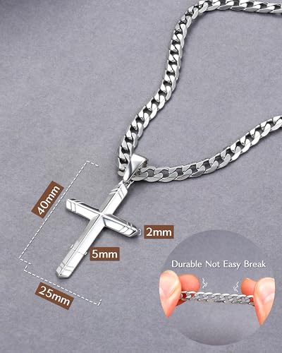Besteel 925 Sterling Silver Cross Necklace for Men Women, 5MM Durable Stainless Steel Diamond Cut Cuban Link Curb Chain with Silver Cross Pendant, Mens Cross Crucifix Necklaces Jewelry 16-30 Inches3
