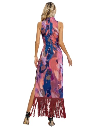 Image of Aigeman Women Vintage Flapper Dresses 1920s Great Gatsby Halter Fringed Maxi Dress Tassels High Split Formal Dress 19