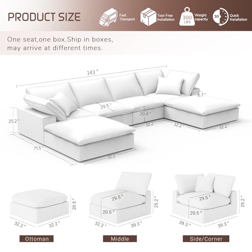 Image of Modular Sectional Sofa,Extra Comfty Deep-Seat-Filled Couch, White 6 Seat U Shape Sofas with Movable Ottoman, Modern Couches for Living Room, Apartment, Office,Small Space