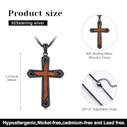 Wooden Cross Necklace 925 Sterling Silver Walnut Black Necklace Religious Jesus Pendant Jewelry for Men - Image 3