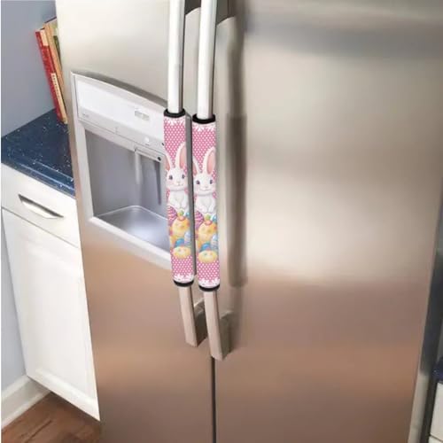 Image of Fridge Microwave Door Handle Covers Pack of 6 Waterproof Kitchen Electrical Appliances Handle Protector Easy Installation Kitchen Home Decor, White Bunny Rabbit Easter Egg Pink Dots Print