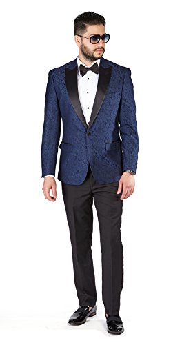 Slim Fit 1 Button Paisley Peak Satin Lapel Men's Tuxedo AZAR 1778 (38 Regular 32 Waist 32 Length, Blue Paisley)