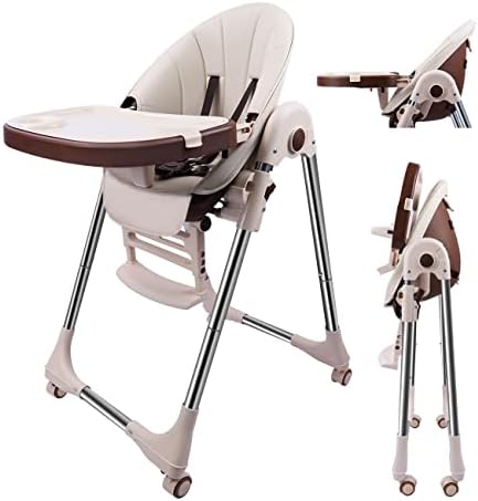 Baby High Chair for Toddlers Kids Feeding Height Convertible with Removable Tray, Multifunctional Portable Children Dining Reclining Chair Foldable with Wheels, Beige