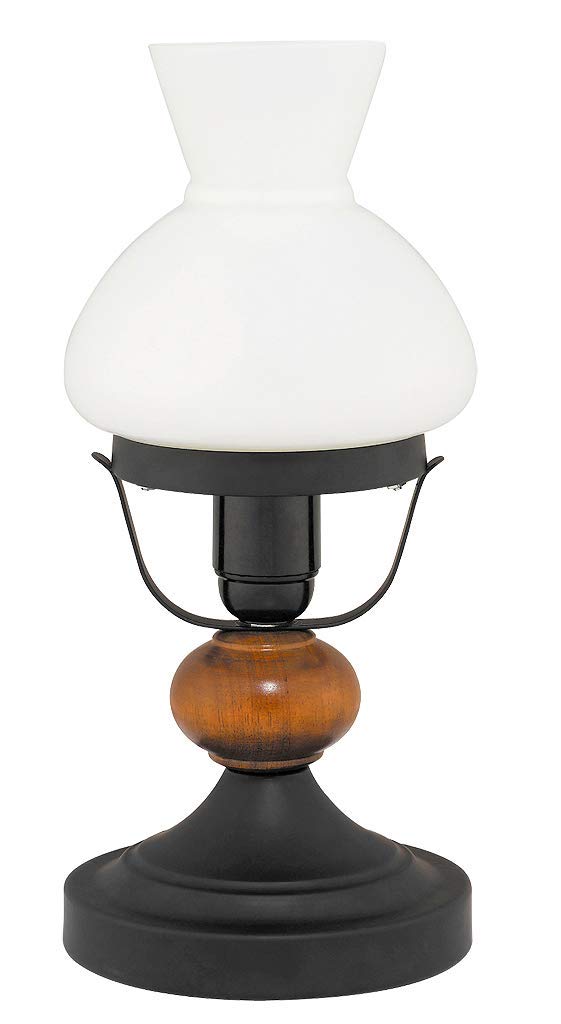Rustikale Tischlampe im Landhausstil mit schwarzem Aluminium-Korpus, Walnuss-Holz und Opalglas