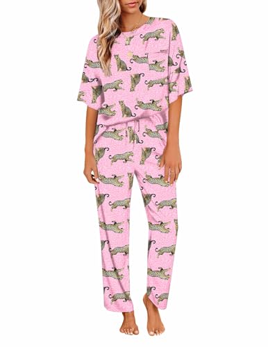 Image of Ekouaer Womens Satin Silky Pajama Set Short Sleeve Shirt with Long Pajama Pant Set Soft PJ Loungewear