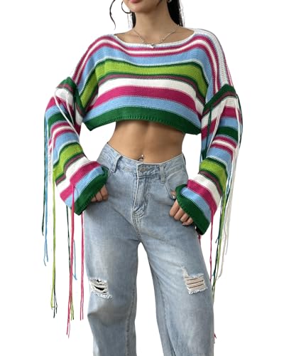 Image of BAIMORE Women's Chic Crochet Boat Neck Rainbow Striped Long Sleeve Crop Sweater with Tassels