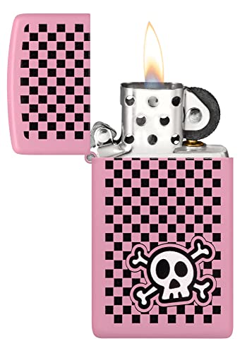 Image of Zippo Checkered Skull Design Slim Pink Matte Windproof Pocket Fuel Refillable Lighter, BIS Certified