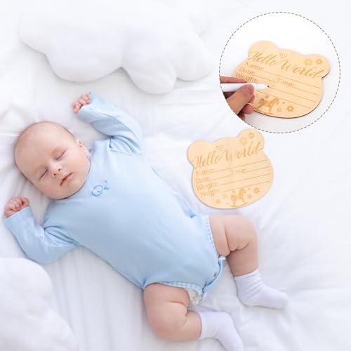 Image of Baby Announcement Sign, 5.91x5.35 Inch Wooden Hello World Newborn Sign Newborn Announcement Sign Birth Announcement Cards Baby Name Cards for Baby Gift (Style 2)