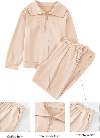 Image of Girls Fall Outfits Quarter Zip Pullover Jogger Sweatsuit Sets Size 6-15