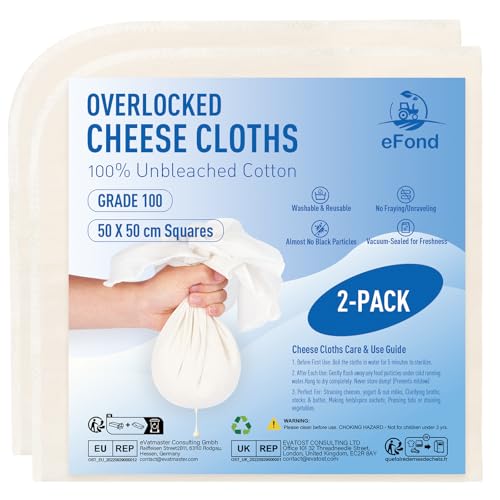 eFond Cheesecloth 50x50cm Squares with Overlocked Edges Grade 100 Ultra Fine Mesh Cheese Cloths for Straining Butter Nut Milk Yogurt Reusable Muslin Cloths for Cooking Roasting Turkey (2-Pack)