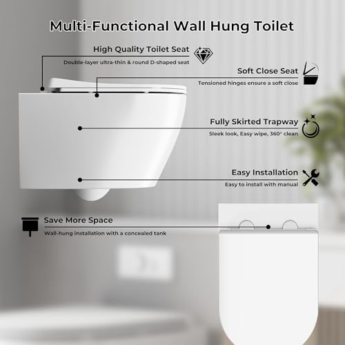 Inodoro suspendido de pared, inodoro moderno montado en pared con asiento de cierre suave, inodoro de taza redonda flotante blanco para baño, fácil de limpiar, diseño que ahorra espacio, tanque no incluido miniatura 6