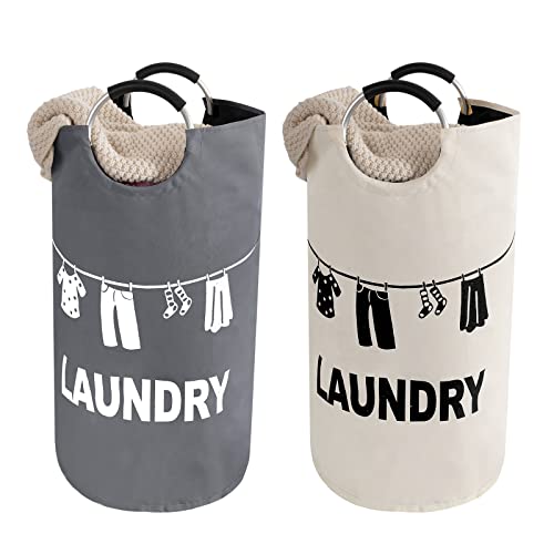 Image of Golden Ample 2 Pack Large Laundry Basket 82L with Padded Handles, Collapsible Waterproof Laundry Hamper Freestanding Folding Tall Clothes Hamper, Easy Carry and Storage for Dorm, Family, Travel