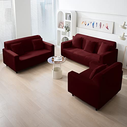 Image of HOKIPO 200 GSM Premium Velvet Sofa Cover 3 Seater Fully Covered, Burgundy (AR-4738-BRGN)