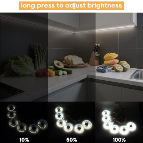 Image of COB LED Strip Lights, 12V Cabinet Light 6x6.56FT, 6500K Cuttable DIY LED Strip with Hide Touch and Hand Sweep Dimmer Switch Kit for Cabinet Showcase Kitchen Acoustic Panel Decoration Shelf Lighting