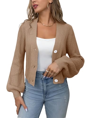 Image of Womens Puff Sleeve Cardigan Long Sleeve Open Front Button Down Knit Sweaters