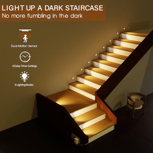 Image of Plug-in Dual Motion Sensor Stair Lights Indoor, Stairway Hallway Light with Cascading Effect, Dimmable, 3000K-6000K (12 Stairs)
