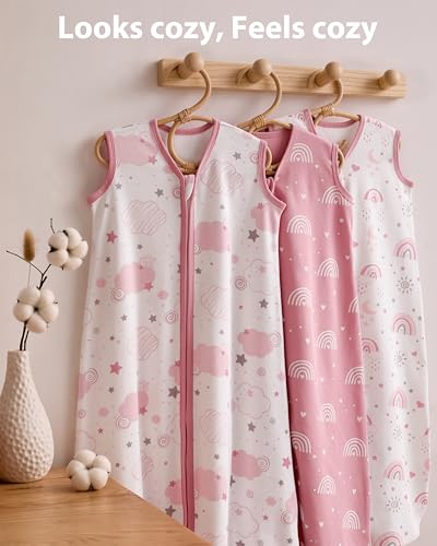 Image of Baby Sleep Sack 0-6 months, 100% Cotton Sleeping Sack for Newborn and Infant, 3 Pack Baby Wearable Blanket, 0.5 Tog Lightweight Double Zipper Sleep Bag Small Pink Rainbow
