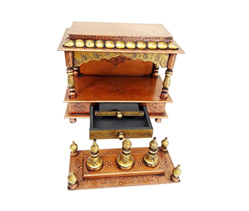 Image of Wood Pooja Mandir Temple for Home Handicraft Hindu Pooja Ghar Mandap for Worship Copper Gold Painted Home Wall Decor Shrine