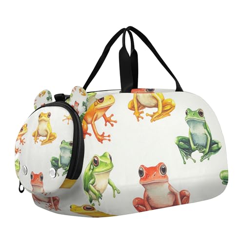 Glaphy Watercolor Frogs Duffle Bag for Toddler Boys Girls, Gym Sports Bag with Shoe Compartments, Kids Travel Overnight Weekender Shoulder Bag