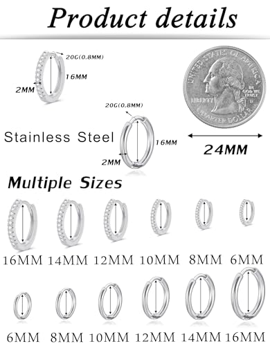 Tornito 12 Pairs Surgical Stainless Steel Huggie Hoop Earrings Gold Silver Small Hoops Cubic Zirconia Earrings 6mm 8mm 10mm 12mm 14mm 16mm Cartilage Helix Tragus Lobes Hinged Piercings for Women Men2