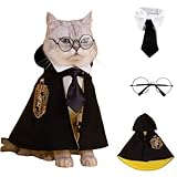 猫服 犬服 ハリーポッター コスプレ ペット服 ネクタイ ケープ メガネ 3点セット かわいい 小型犬 中型犬用 猫用 ハロウィン コスチューム クリスマス 写真 記念写真 ペット用品 ギフト L イエロー