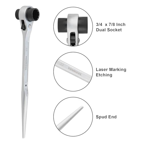 YOUKOOL 2-Pack 19mm x 22mm OR 3/4"×7/8" Ratcheting Scaffold Podger & Spud Wrench – 12-Point Double Ended Socket, Heavy-Duty Cr-V Steel Scaffold Tool,Silver by YOUKOOL - Image 8