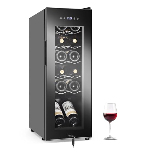 Image of Wine Fridge 12 Bottles, Small Wine Cooler Refrigerator Freestanding with Digital Temperature Control Safety Lock, Frost Free for Red White Wine, Champagne