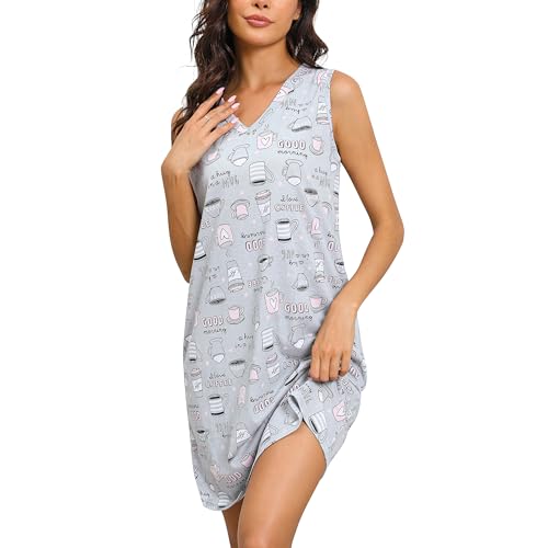Image of PNAEONG 3 Pack Womens Cotton Nightgown V Neck Nightshirts Sleeveless Sleepwear Casual Print Sleepdress